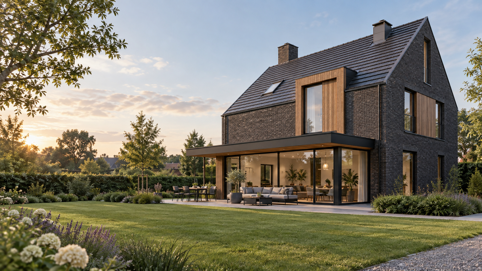 Conceptvisualisatie van een moderne woning met donkere baksteen, houten accenten en grote ramen aan de tuin